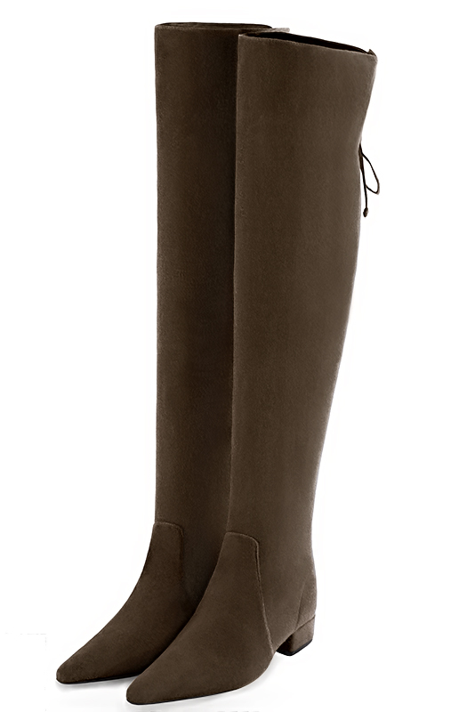 Chocolate brown women's leather thigh-high boots. Tapered toe. Low block heels. Made to measure - Florence KOOIJMAN